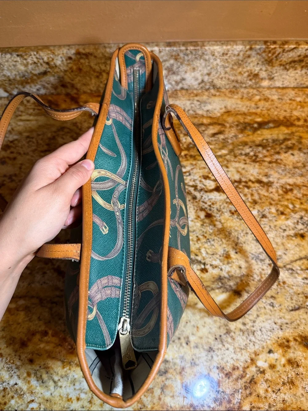 Ralph Lauren Green Printed Tote Bag with Tan Trim